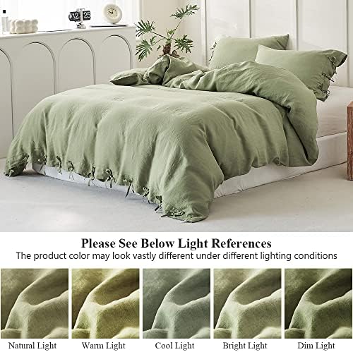 Simple&Opulence 100% Linen Duvet Cover Set 3pcs with Bowknot Ties Closure Natural French Washed Flax Solid Color Soft Breathable Farmhouse Bedding - Sage Green, King Size