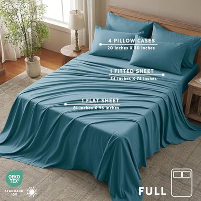 Full Size Bed Sheets - 6 Piece Soft Microfiber and Wrinkle Free Sheets - Easy Care, Extra Soft, Cooling Sheets - 1 Deep Pocket Fitted Sheet 1 Flat Sheet and 4 Pillowcases (Full Denim Blue)