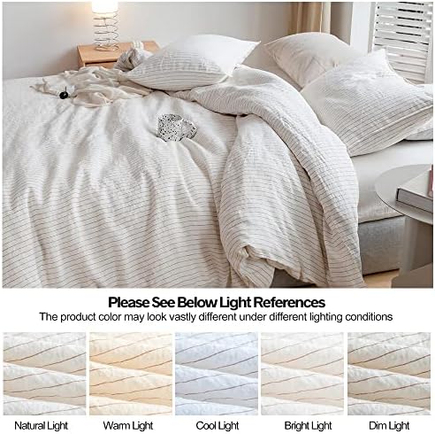 Simple&Opulence 100% Linen Striped Duvet Cover Queen 3pcs, Yarn Dyed Vertical Pinstripe Ticking Pattern Natural French Washed Flax Breathable Farmhouse Bedding - Cinnamon Stripe
