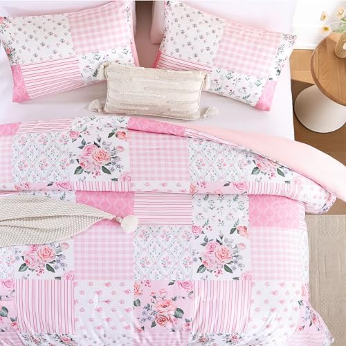 YIKUSH Pink Floral Full Comforter Set, Soft Lightweight All Season Bedding Set for Women Girls, Cozy Cottagecore Botanical Comforter Full Size with 2 Pillow Shams, Breathable Floral Bed Set
