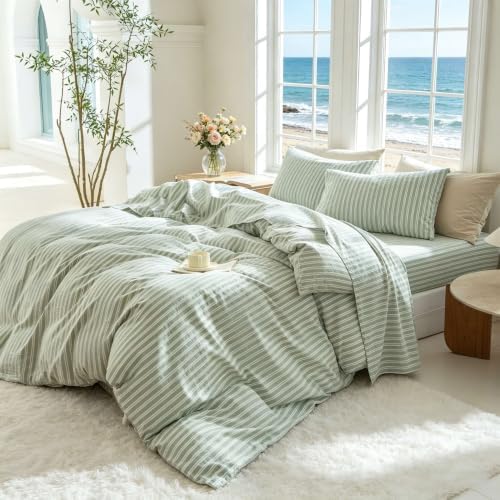 Striped Duvet Cover Set King Size 3 Piece 100% Washed Cotton Linen Like Textured Bedding Comfy Breathable (King, Double Stripe-Sage Green/White)