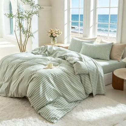 Striped Duvet Cover Set King Size 3 Piece 100% Washed Cotton Linen Like Textured Bedding Comfy Breathable (King, Double Stripe-Sage Green/White)