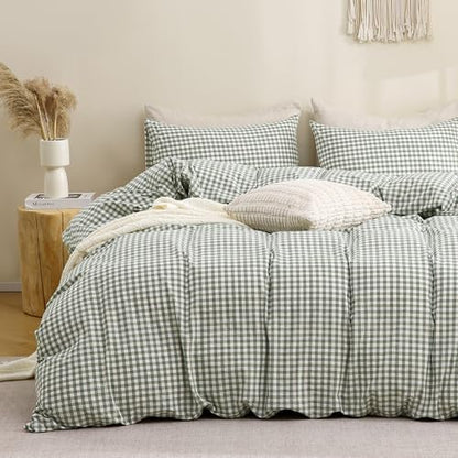 TOCOMOA Green Gingham Duvet Cover Set Washed Cotton Like Linen, Twin