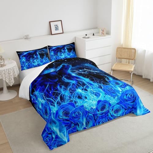 Wolf Sky Comforter Girls Teens 3D Rose Floral Duvet Set Full Size Home Decor Soft Blue Flame Bedding Comforters Romantic Starry Sky All Season Adult Bedroom Down Duvet,1 Comforter with 2 Pillowcase