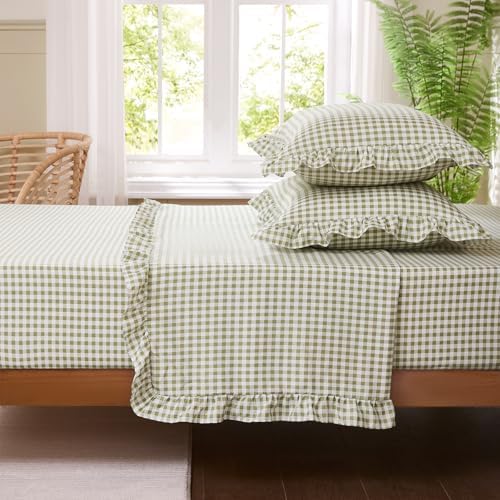 Gingham Full Sheet Set, Lightweight Super Soft Brushed Microfiber Plaid Bed Sheets with 16" Deep Pocket, 4 Piece Ruffle Farmhouse Bedroom Decor, Sage Green