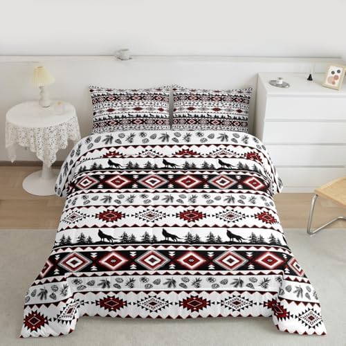 Aztec GeometricComforter Set King Size,Rustic Farmhouse Wolf Kids Bedding Set,Pine Tree Country Quilt Comforter,Red Black Duvet Insert,2 Pillowcases