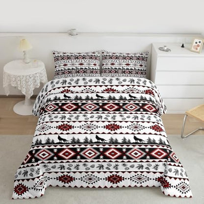 Aztec GeometricComforter Set King Size,Rustic Farmhouse Wolf Kids Bedding Set,Pine Tree Country Quilt Comforter,Red Black Duvet Insert,2 Pillowcases