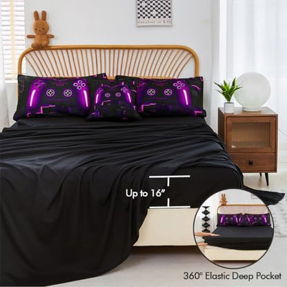 PERFEMET 6 Pieces Bed in A Bag Gamer Comforter Set Full Size Purple Gaming Bedding Set for Boys Kids Teen Soft Lightweight Video Game Black Quilt Bedspread Set(Purple, Full)