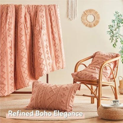 MR&HM King Size Comforter Set 7 Pieces, Boho Tufted Bedding Set Coral Pink