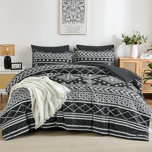 Yiran Black Comforter Set Full Size, Boho Aztec Comforter Bedding Set, 7 Piece Bohemian Summer Bed in a Bag, Soft Microfiber Striped Complete Bedding Set with Sheets for All Season