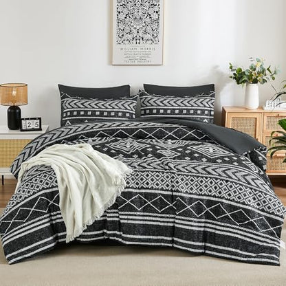 Yiran Black Comforter Set Full Size, Boho Aztec Comforter Bedding Set, 7 Piece Bohemian Summer Bed in a Bag, Soft Microfiber Striped Complete Bedding Set with Sheets for All Season