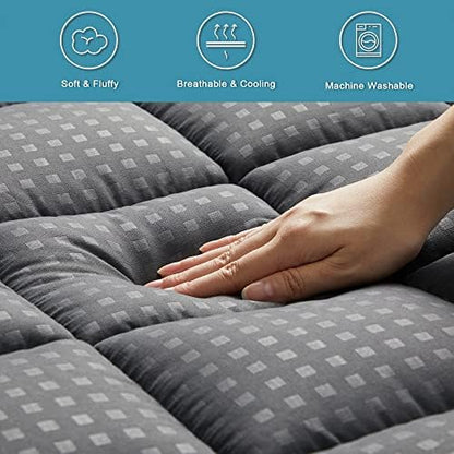 HYLEORY Full XL Mattress Pad Quilted Fitted Mattress Protector Cooling Pillow Top Mattress Cover Breathable Fluffy Soft Mattress Topper with 8-21" Deep Pocket, Dark Grey