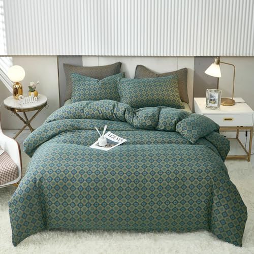 VM VOUGEMARKET Boho Duvet Cover King Geometric Pattern,3Pcs Yarn-Dyed Muslin Cotton Duvet Cover Set Blue Green Flower Bedding Set for Girls Women Without Comforter