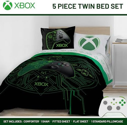 Jay Franco Kids Comforter Set Includes Sheets and Pillow Covers - Soft and Cozy Bed Set for Stylish Room Decor, Official Licensed Product, White - Xbox, 5 Piece Twin