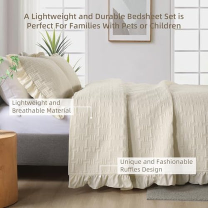 DJY California King Quilt Bedding Set, Ruffled Bedspreads, Beige
