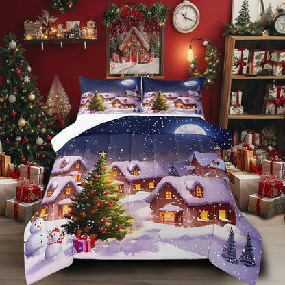 Castle Fairy Christmas Trees Comforter Set Queen Size Santa Claus and Snowman Bedding Set for Kids Boys Girls Bedroom Decoration Starry Sky Bed Duvet Insert Snow Scene Comforter with 2 Pillowcase