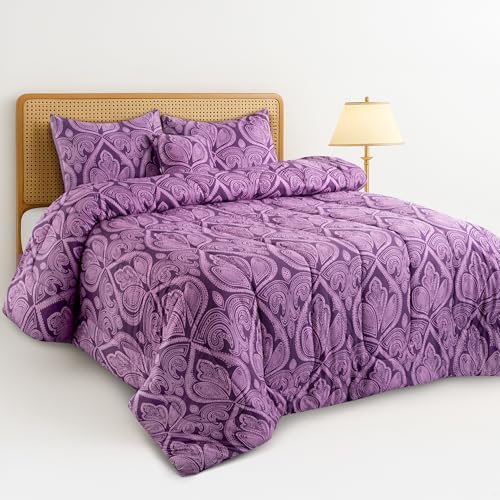 LUX Décor Reversible 5pc King Comforter Set, Printed Bedding Set, All-in-One Bed in a Bag, Includes 1 Comforter, 2 Pillow Shams, 1 Decorative Pillow & 1 Bed Skirt (Paisley Purple,King)
