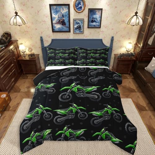 Erosebridal Boys Green Motocross King Bedding Set, Dirt Bike Comforter Set, Racing Motocross Comforter, Cool Motorcycle Black Quilt with 2 Pillowcases for Kids Teens Youth Men Bedroom Decor