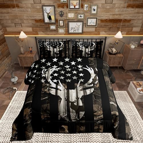 American Flag Queen Comforter Set, Grey Camouflage Antlers and Leaves Down Comforter for Man Adult,Camo Hunting Deer Animal Camping Bedding Set Stars Stripes USA Flag Quilt,Farmhouse Style