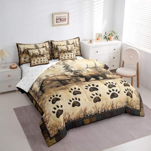 Erosebridal Brown Bear King Comforter Set 7 Piece Hunting Theme Bedding Set for Women Men Animals Western Country Cabin Bed in a Bag Farmhouse Forest Wildlife Quilt with Flat Fitted Sheet