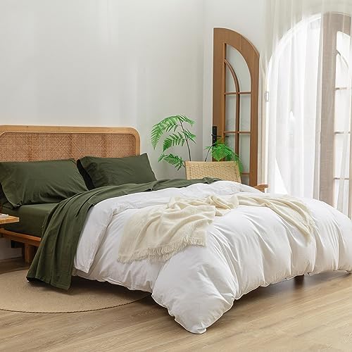 BESTOUCH Twin Washed Cotton Linen Feel Sheet Set 3pc Solid Olive Green