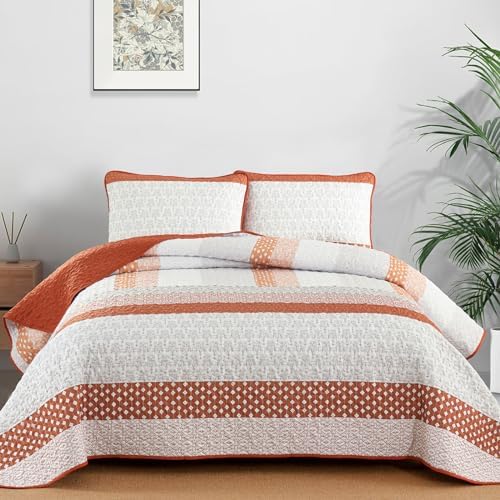 WONGS BEDDING Boho Quilt Set King Size, Stripe Bedspread Sets, Burnt Orange