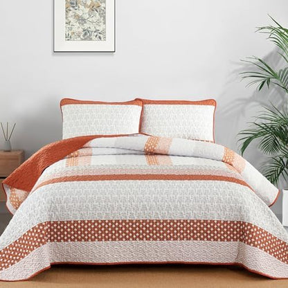 WONGS BEDDING Boho Quilt Set King Size, Stripe Bedspread Sets, Burnt Orange