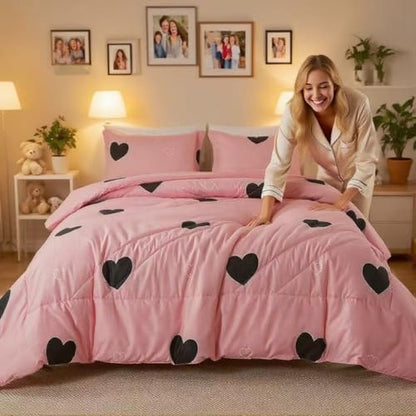 Caressma Pink Comforter Set Twin Size Black Heart Set 2pcs with Pillowsham