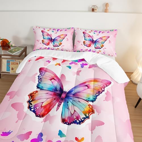 HOSIMA Colorful Butterfly Rainbow Comforter Full Size,Tie Dye Beauty Butterfly Bedding Sets for Kids Girls Teens Bedroom Decor,Aesthetics Butterflies Teenage Girl Comforter Sets with 2 Pillowcases.