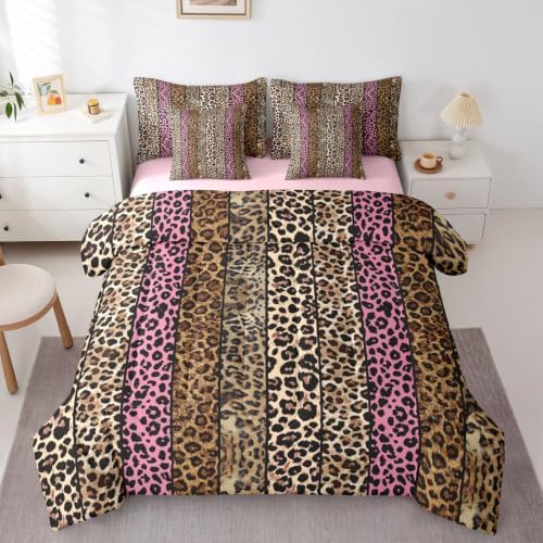 Erosebridal Pink and Brown Leopard Print King 7-Piece Comforter Set for Men Women Adults - African Cheetah Printed Bedding Set with Sheets Wild Safari Animal Bed in a Bag Modern Leopard Print Bed Sets