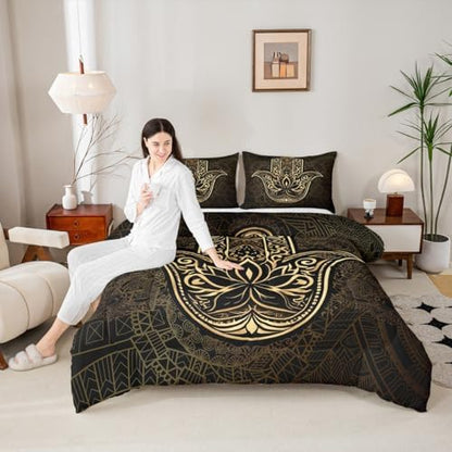Erosebridal Gold Hamsa Hand Comforter Set Queen Size, Boho Chic Mandala Bedding Set for Kids Teens Adult Women, Bohemian Hippie Quilt Set Paisley Tribal Tie Dye Duvet Insert for Bedroom