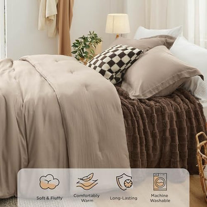 Bedsure Comforter Queen Size 5 Pieces - Queen Size Comforter Set with Checkered Throw Blanket and Decorative Pillow, Lightweiget Bedding, All Season Bedding Sets, Light Camel