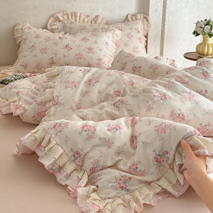 VM VOUGEMARKET Lace Ruffled Duvet Cover Set Twin,Vintage Pink Rose Flower Bedding Set,Double-Layer Gauze Cotton Soft,Breathable & Lightweight for Girls-68 x86