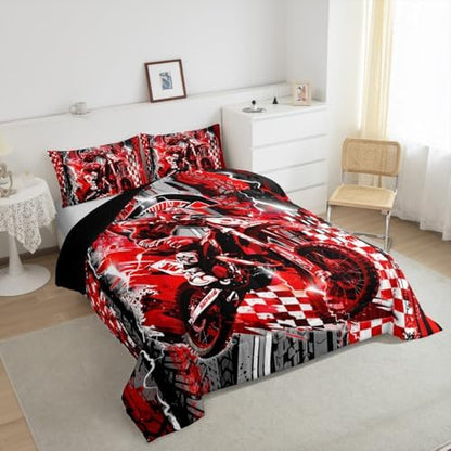 Feelyou Dirt Bike Kids Bedding Set,Boys Girls King Size,Racing Motocross Comforter Set,Extreme Sports Ultra Soft Duvet Quilt,Motorcycle Comforter Motorbike Bedroom Decor Red