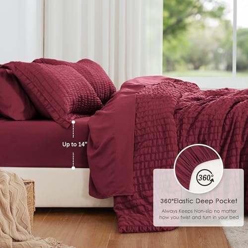 Love's cabin Seersucker Burgundy Full Comforter Set