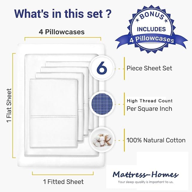 Mattress-Homes 6 Piece Full Sheet Set, Hotel Luxury Collection, 100% Egyptian Cotton, 18 Inch Deep Pocket Fitted Sheet, Soft & Cool, Breathable Bedding with 4 Pillowcases in Light Blue Stripe