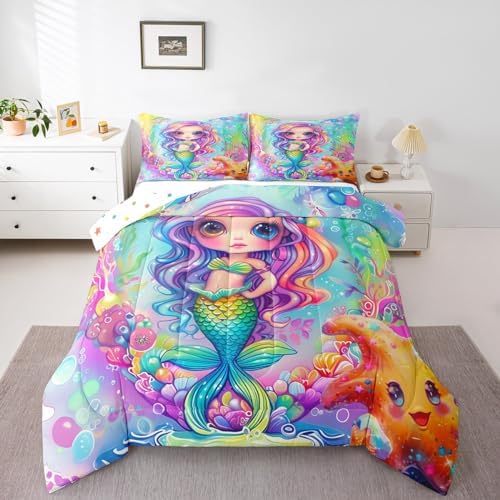 Cartoon Mermaid Comforter Set King Size Colorful Ocean Theme Bedding Set with 2 Pillowcases for Kids Child Girls,Princess Bedroom Cartoon Quilt Underwater World Starfish Duvet Double-sided Printing