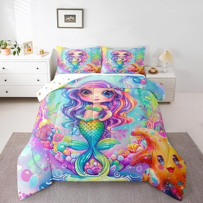 Cartoon Mermaid Comforter Set Full Size Colorful Ocean Theme Bedding Set with 2 Pillowcases for Kids Child Girls,Princess Bedroom Cartoon Quilt Underwater World Starfish Duvet Double-sided Printing