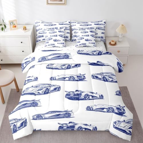 Feelyou Race Car Comforter Set with Sheets 7 Piece Full Size Navy Blue Speed Sports Car Bedding Set for Kids Boys Girls Extreme Sports Bed in a Bag Room Decor Soft Lightweight Microfiber