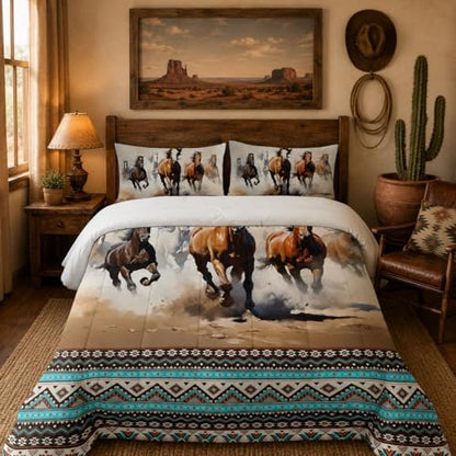 Nttopship Horse Western Comforter Set Twin Size,100% Soft Ultra-Fine Fiber Four Season Farmhouse Wildlife Printed Comforter Set with 1 Comforter and 2 Pillow Case