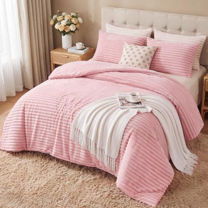 HYLEORY Fluffy Twin Comforter Set 2 Pieces - Fleece Fluffy Soft & Warm Plush Pink Comforter Sets, Luxury Fuzzy Bedding Sets, All Season Heavy Bed Set Twin Size with 1 Pillowcase