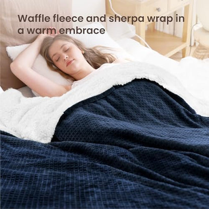 Heated Blanket Electric Blanket Full Waffle,72x84 Inches Sherpa Fleece Fast Heating Blanket 6 Heating Levels & 10 Hours Auto Off ETL Certification, Navy Full