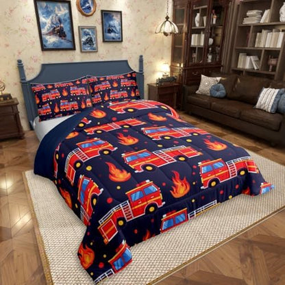 Erosebridal Boys Fire Truck Bedding Set King, Cartoon Red Firemen Car Comforter Set for Kids Teens Men Room Decor, Dark Blue Comforter, Fire Engine Polka Dots Quilt with 2 Pillowcases, 3 Pcs