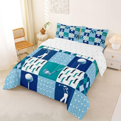Homewish Golf Comforter Set King Size,Golf Sports Games Bedding Set 3Pcs Geometric Diamond Grid Patchwork Quilt Set for Kids Girls Boys Adult Room Decor Navy Blue White Duvet Insert,2 Pillowcases