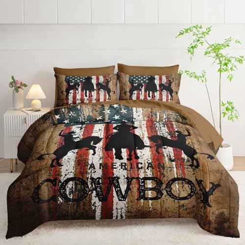 7Pcs Western Cowboy Comforter Set American Flag Printed Bedding Set with 1 Comforter, 1 Flat Sheet, 1 Fitted Sheet and 4 Pillowcases for Bedroom All Season(Cowboy Queen)
