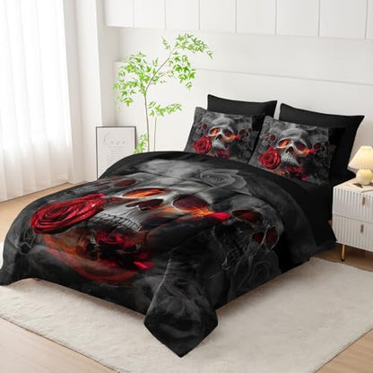 AILONEN Gothic Skull Comforter Set Queen,7-Piece Romantic Rose Smoky Skull Bed in a Bag for Boys Girls Kids,Soft Comforter & Fitted Sheet with Flat Sheet & 2 Pillowcases,2 Pillow Shams for Bedroom
