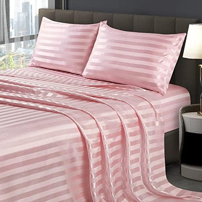 SiinvdaBZX 4Pcs Satin Striped Sheet Full Size Set Italian Style Blush Pink
