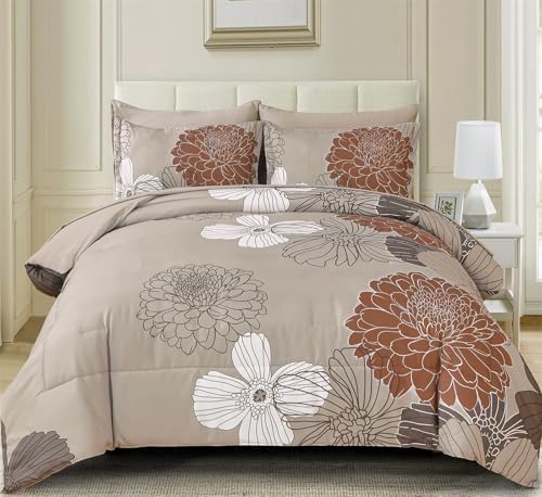 Yiran Taupe Brown Comforter Set Queen Size,7 Pieces Bed in a Bag Floral Comforter,Soft Microfiber Bedding Sets for All Seasons,90"×90"