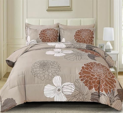 Yiran Taupe Brown Comforter Set Queen Size,7 Pieces Bed in a Bag Floral Comforter,Soft Microfiber Bedding Sets for All Seasons,90"×90"