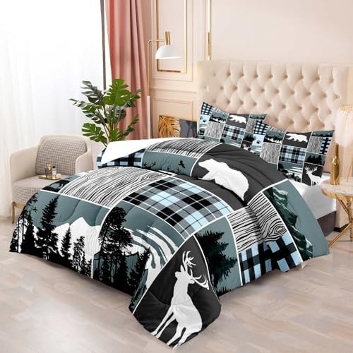 LUVIVIHOME 3PCS Bear Deer Comforter Set Full Size, Elk Moose Woodland Forest Animal Wildlife Hunting Country Lodge Rustic Farmhouse Cabin Bedding, Black & Blue Plaid Patchwork Quilt, 2 Pillow Cases